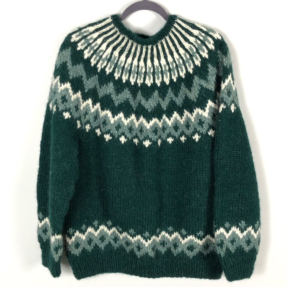 Nordic Icelandic Handmade Green 100% Wool Sweater